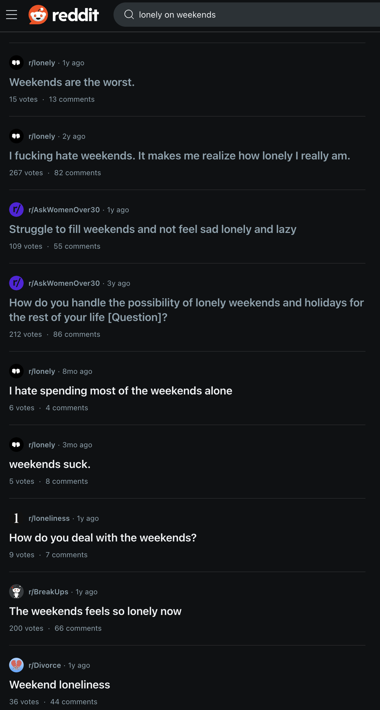 Reddit search for lonely on weekends